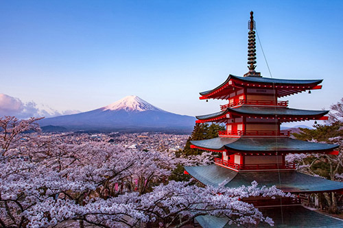 Paisaje de Japón con el monte Fuji y una pagoda